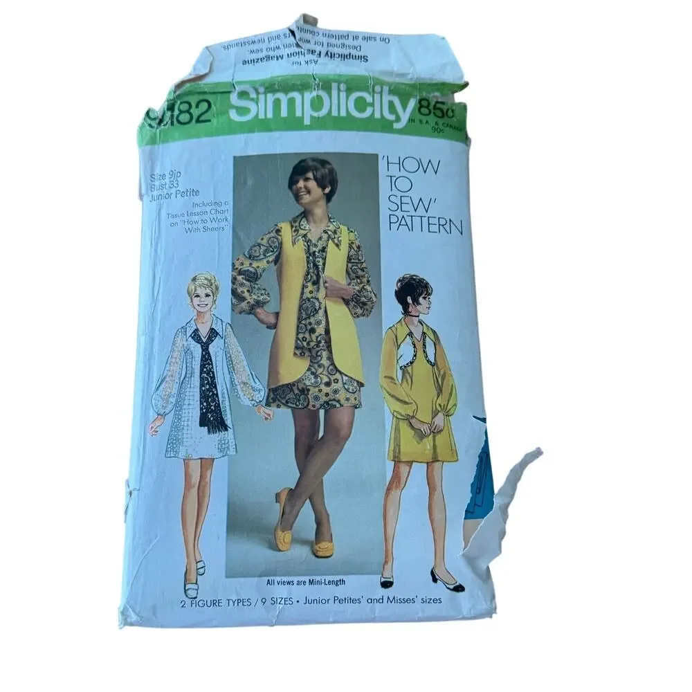 Vintage 1970 Simplicity Sewing Pattern 9182 Mini Dress Bolero Scarf Vest Bust 33